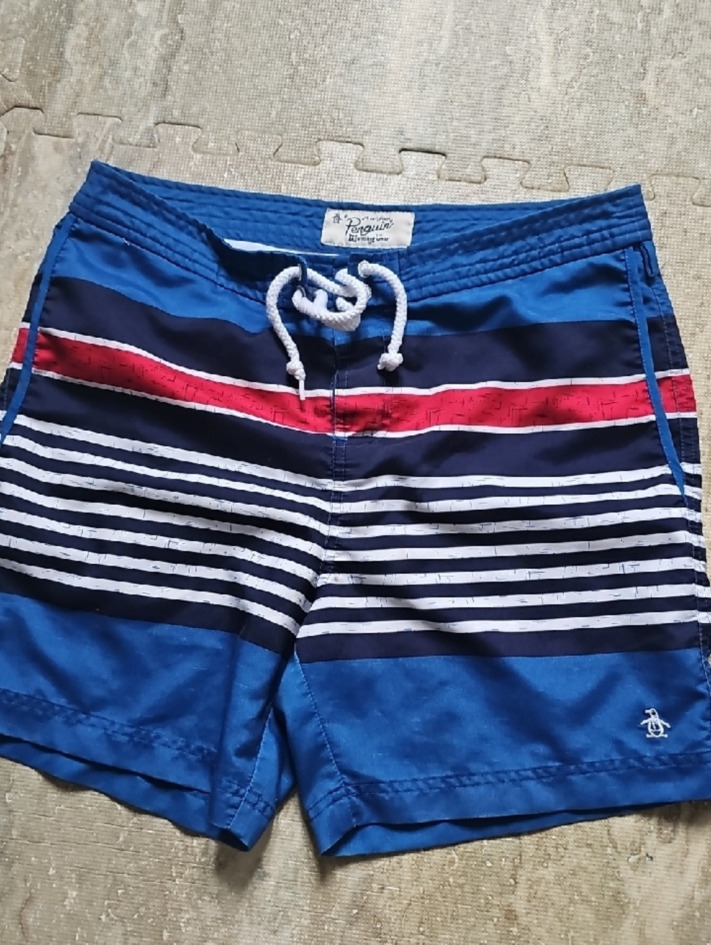 Original Penguin Blue Navy Red Striped Men’s Swim Trunks